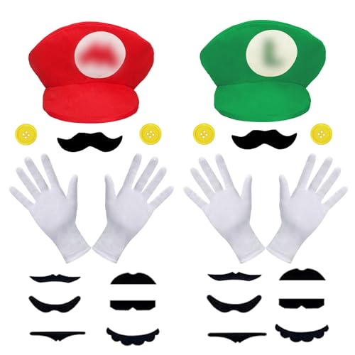 BOYATONG Mario Luigi Kostüm Accessories, Mütze Hut Handschuhe Bart Gelbe Knöpfe Faschingskostüme für Partnerkostüme Erwachsene, Karneval Cosplay Mottoparty Kostüm für Erwachsene Kinder Damen Herren von BOYATONG