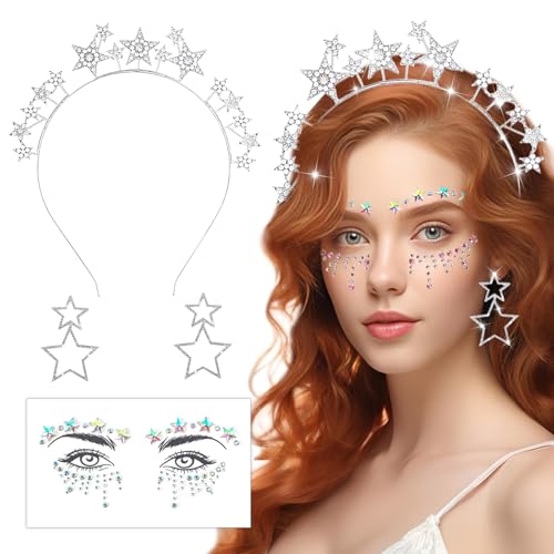 BOYATONG Stern Kostüm Karneval Damen, Fasching Haarreif Sterne + Ohrringe + Sternen Gesichtstattoo für Damen Mädchen, Star Glitzer Kostüm Karneval Accessoires von BOYATONG