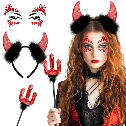 BOYATONG Teufel Kostüm Damen Fasching, Teufelshörner mit Strasssteine Gesicht Rot und Dreizack, Karneval Kostüm Damen Teufel, Teufelkostüm Karneval Zubehör von BOYATONG