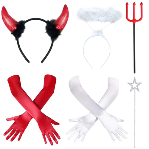 BOYATONG Kostüm Damen Fasching Engel und Teufel Kostüm,Teufelshörner Haarreif+Heiligenschein,Teufelhandschuhe Teufels Dreizack Teufelsstab,Fasching Accessories für Karneval Fasching Halloween Party von BOYATONG