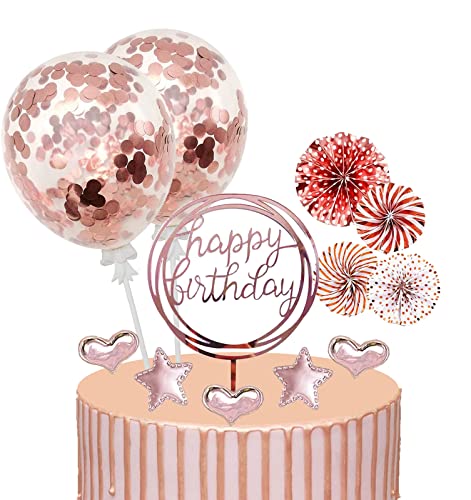 Tortendeko Geburtstag, 17 Stück Happy Birthday Tortendeko, Glitter Cake Topper, Rose Gold kuchendeko Geburtstag Mädchen,Cupcake Topper mit Sternen Liebe Konfetti-Luftballons und Papierfächer von BOYATONG