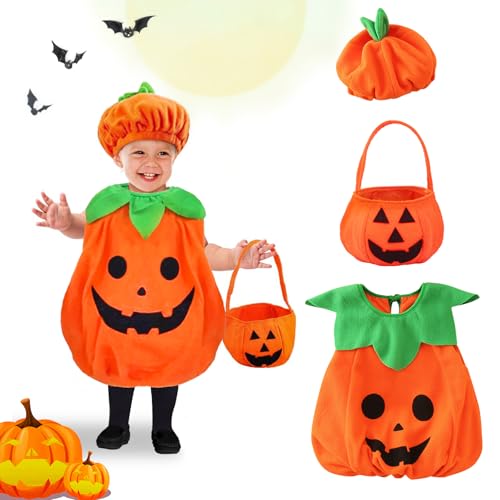 BOYATONG Kürbis Kostüm Kinder, Halloween Kostüm Kinder Baby mit Kürbis Hut und Halloween Süssigkeiten Beutel, Halloween Kostüm Kürbis für Cosplay Fasching Karneval Party 3-8 Jahr von BOYATONG