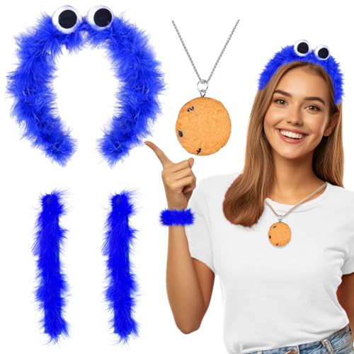 Krümelmonster Kostüm Damen Kinder 4 pcs, Krümelmonster Haarreif Blau, Cookie Halskette Feather Schnapparmband, Karneval Krümelmonster Kostüm Accessories für Fasching Mottoparty Cosplay Halloween von BOYATONG