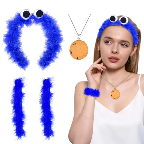 Krümelmonster Kostüm Damen Kinder 4 pcs, Krümelmonster Haarreif Blau, Cookie Halskette Feather Schnapparmband, Karneval Krümelmonster Kostüm Accessories für Fasching Mottoparty Cosplay Halloween von BOYATONG