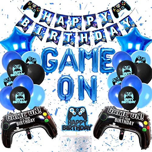 Deko Geburtstag Junge, 31 Stück Junge Geburtstagsdeko, Gamer Deko Kindergeburtstag, Videospiel happy birthday girlande Banner, Gamecontroller Luftballons Party Deko(Schwarz & Blau) von BOYATONG