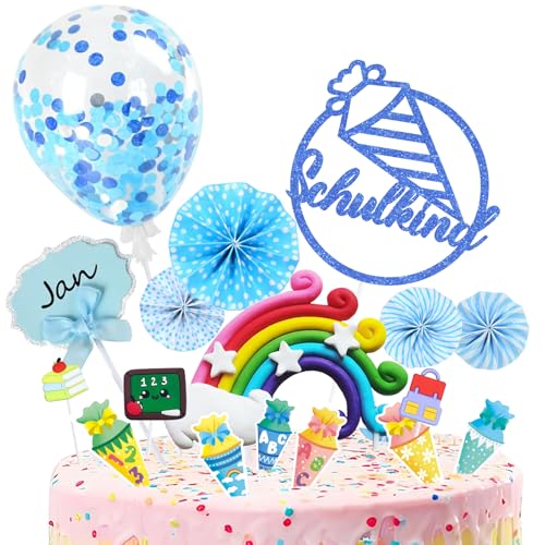 Tortendeko Einschulung Junge, Schulkind Tortendeko Schulanfang Deko, Kuchendeko Schulanfang Schulkind 2024 Tortenaufleger Einschulung Deko, Zuckertüte Regenbogen Cake Topper Einschulung Geschenk von BOYATONG