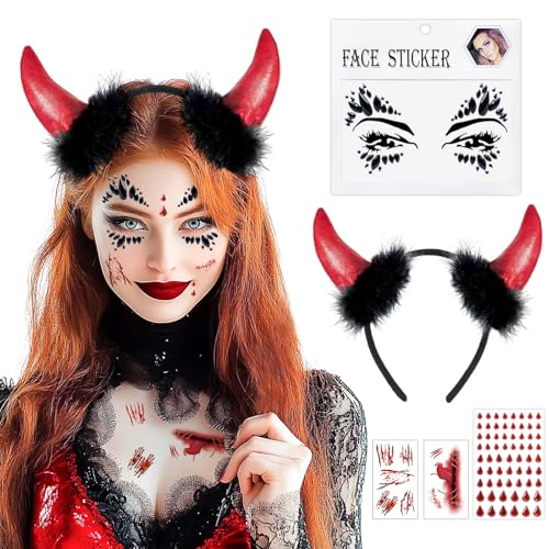 BOYATONG Karneval Kostüm Damen, Teufelshörner mit Glitzersteinen und Narben Tattoo, Teufel Kostüm Teufelsohren Haarreif Faschingskostüm Damen, Vampir Kostüm für Fasching Halloween Cosplay von BOYATONG