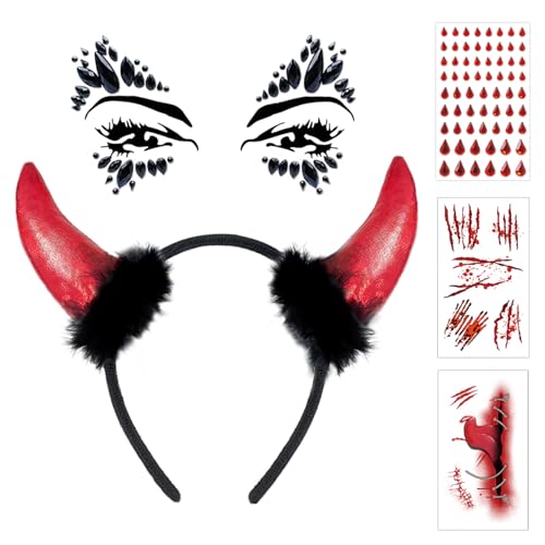 BOYATONG Teufel Kostüm Damen Halloween Accessoires, Teufelshörner Haarreif mit Glitzersteinen und Narben Tattoo für Vampir Kostüm, Teufelsohren Haarreif für Halloween Party Cosplay von BOYATONG