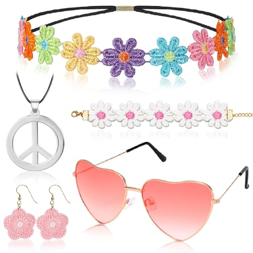 Hippie Kostüm Damen, Faschingskostüme Damen Hippie Accessoires, 5 Stück Hippie Accessoires Damen - 70er Jahre Bekleidung Damen Zubehör,Flower Power Accessoires,Peace Kette,Hippie Brille (Böhmen Stil) von BOYATONG