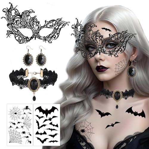 BOYATONG Steampunk Damen Accessoires 4 PCS, Hexenkostüm Gesichtstattoo Karneval & Venezianische Maske & Choker Schwarze Spitze & Ohrringe, Hexe Piraten Fasching Gothic Kostüm Damen Schminke Zubehör von BOYATONG