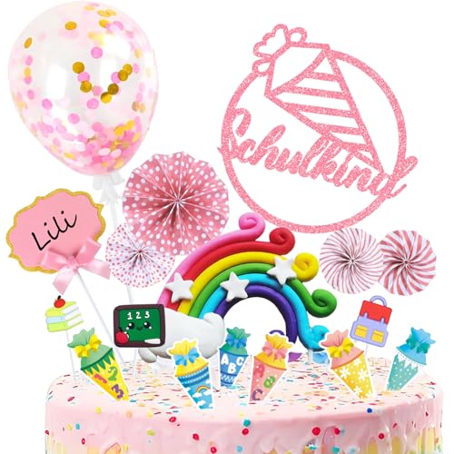 Tortendeko Einschulung Mädchen, Schulkind Tortendeko Schulanfang Deko, Kuchendeko Schulanfang Schulkind 2025 Tortenaufleger Einschulung Deko, Zuckertüte Regenbogen Cake Topper Einschulung Geschenk von BOYATONG