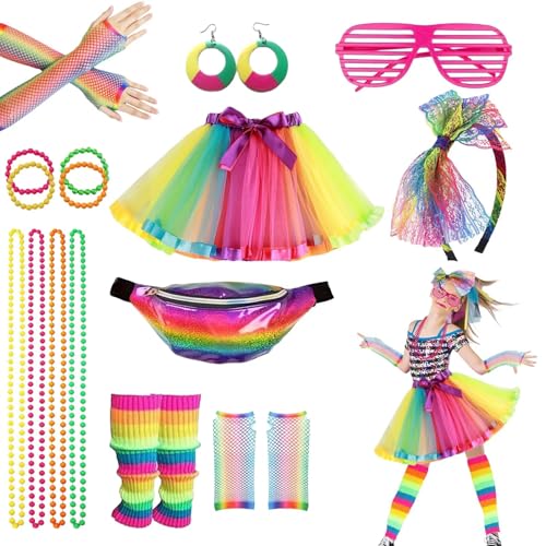 80er-Jahre-Party-Dekorationskostüm-Set, 1980er-Jahre-Kostüm-Zubehör-Set mit Tutu-Rock, Neonlicht-Accessoires, Ohrringen, langen Netzhandschuhen, bunten Beinstulpen, Armbändern, Stirnbändern, Brillen von BOZILY