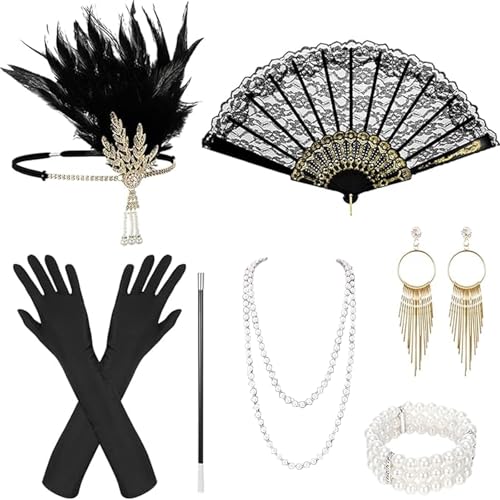 9 Stück 20er Jahre Accessoires,Great Gatsby Accessoires Damen,Handschuhen,Perlenkette,Flapper Stirnband,Ohrringen,Spitze Faltfächer,Armband,Charleston Accessoires Damen für 20er Jahre Thema Party von BOZILY