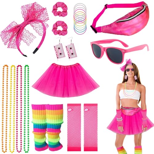 BOZILY 26-teiliges 80er-Jahre-Kostüm für Damen, Neon-Kleidungs-Set mit Spitzenschleife, Stirnband, Sonnenbrille, Haargummis, Halskette, Ohrringe, Tutu-Rock, Beinstulpen, Fischnetzhandschuhe, von BOZILY