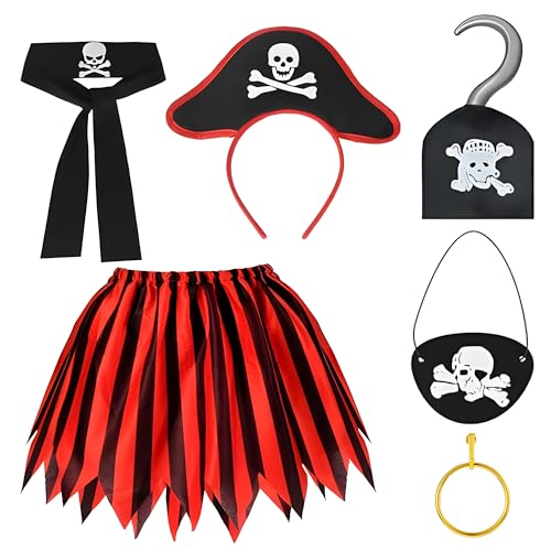BOZILY 6 Stück Piratenkostüm für Mädchen, mit Totenkopf Haarband, Augenklappe, Ohrring, Stoffhaken, Rock und Gürtel, Piratenkostüm Kinder für Halloween, Fasching, Mottoparty BOZILY 6 Stück Piratenkostüm für Mädchen, mit Totenkopf Haarband, Augenklappe, Ohrring, Stoffhaken, Rock und Gürtel, Piratenkostüm Kinder für Halloween, Fasching, Mottoparty von BOZILY