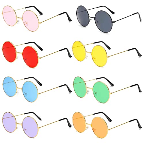 BOZILY 8PCS Hippie Specs Sonnenbrille Runde Hippie Retro Sonnenbrille Runde Sonnenbrille mit Metallrahmen Retro Hippie Stil Sonnenbrille 60er 70er Jahre Stil Kreis Retro Brille für Hippie Kostüm von BOZILY