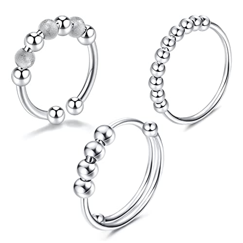 BOZILY Angst Ring Damen 3Pcs Silber Edelstahl Verstellbare Spinning Anxiety Ring mit Band Anti Stress Ring Fidget Ring Dekompressionsring Zappelringe Dünner Spinner Ring Stapelbare Ringe für Angst von BOZILY