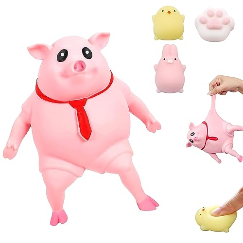 BOZILY Rosa Schwein Stressspielzeug Mit 3 Mini Squishy Spielzeug Schweine-Quetschspielzeug Stressbälle Süßes Rosa Schweinchen Badespielzeug Anti Stress Schwein Spielzeug für Kinder Erwachsenen von BOZILY