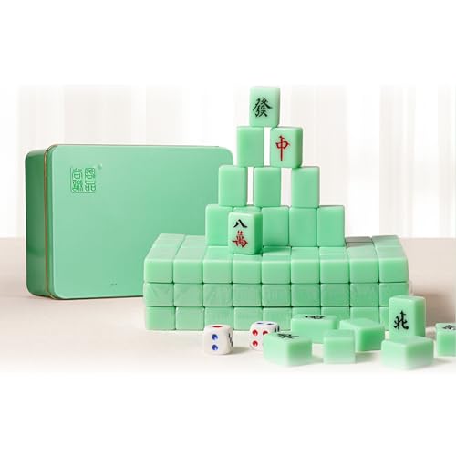 BPABDEITR Mahjong Kacheln Chinesisch Mahjong Set, 144, Massiv-Melamin, Mit tragbarer Metall-Aufbewahrungsbox + Tischdecke + 2 Würfel + 4 Spielsteinboxen,(Green) von BPABDEITR