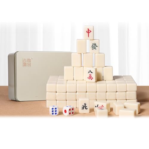 BPABDEITR Mahjong Kacheln Chinesisch Mahjong Set, 144, Massiv-Melamin, Mit tragbarer Metall-Aufbewahrungsbox + Tischdecke + 2 Würfel + 4 Spielsteinboxen,(Ivory) von BPABDEITR