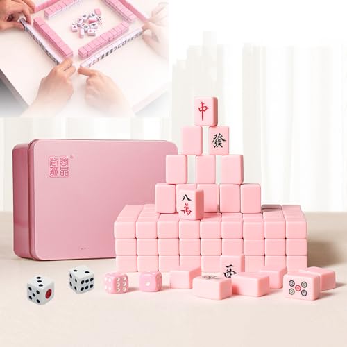 BPABDEITR Mahjong Kacheln Chinesisch Mahjong Set, 144, Massiv-Melamin, Mit tragbarer Metall-Aufbewahrungsbox + Tischdecke + 2 Würfel + 4 Spielsteinboxen,(Roze) von BPABDEITR