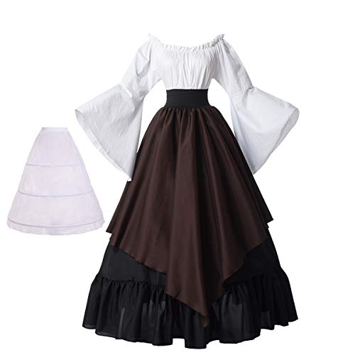 BPURB Damen Mittelalter Kleidung Renaissance Kostüm Kleid Trompete Ärmel Viktorianische Kleider (Hemd und Rock mit Petticoat) (Schwarz/Kaffee, S) von BPURB