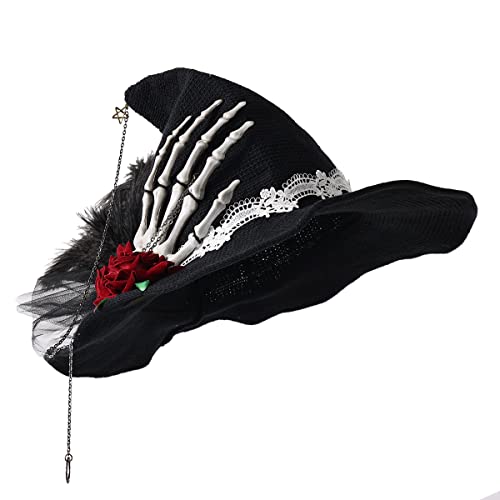 BPURB Damen Spitzer Hexenhut Wolle Strickmütze mit Skeletthand für Halloween Karneval Weihnachten Kostüm Party (Schwarz) von BPURB