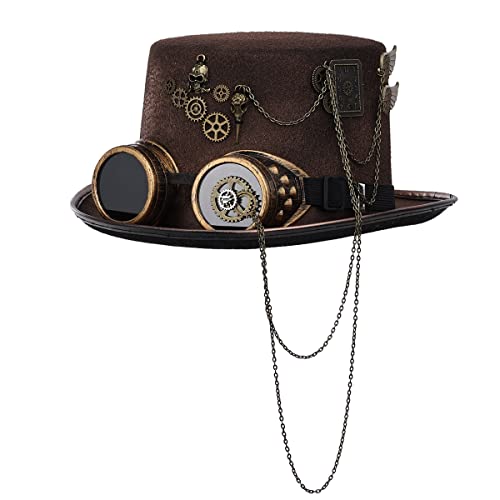 BPURB Filz Steampunk Hut Vintage Halloween Unisex Steampunk Zylinder Hut mit Brille (61cm/24.02 inches, Braun) von BPURB