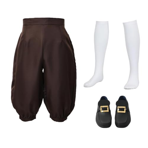 BPURB Herren Kolonial Kostüm Mittelalter Piraten Cosplay Kostüm Renaissance Kostüm Reithosen (Hose mit kniehohen weißen Socken und goldener Schuhschnalle) von BPURB