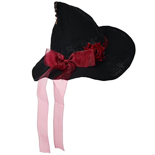 BPURB Lolita Damen Halloween Hexenhut Schwarz mit Schleife für Fasching Party Maskerade Cosplay Kostüm Zubehör, Schwarz mit roter Schleife von BPURB