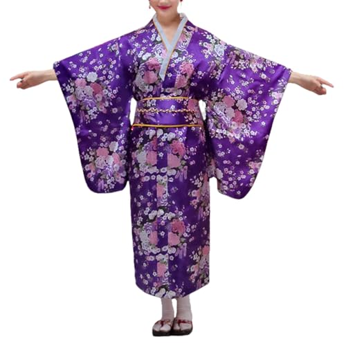 BPURB Traditioneller japanischer Kimono-Bademantel für Damen, Geisha-Yukata-Kleid, Blüte, Satin, Bademantel, Nachtwäsche von BPURB