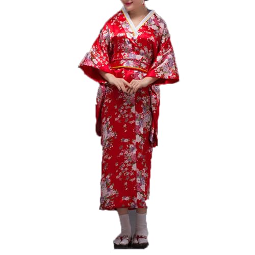 BPURB Traditioneller japanischer Kimono-Bademantel für Damen, Geisha-Yukata-Kleid, Blüte, Satin-Bademantel, Nachtwäsche von BPURB