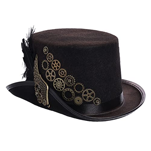 BPURB Unisex Steampunk Zylinder Halloween Hut Damen Herren Gotisch Schwarz Feder Getriebe Hüte Kopfbedeckung Kostüm Zubehör(61cm/24.02 Inches, Schwarz) von BPURB