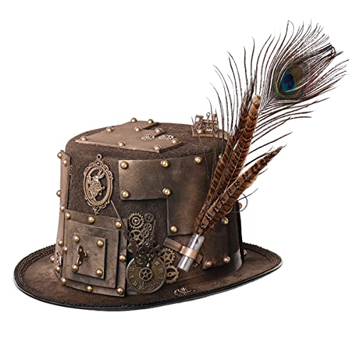 Damen Steampunk Zylinder Hut mit Brille für Herren Halloween Cosplay Kostüme Gold Hüte für Party (61cm/24.02 Inches, Gold-1) von BPURB