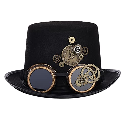 BPURB Damen Schwarzer Steampunk Zylinder mit Brille Herren Gotisch Zahnräder Halloween Party Kostüm Hut(Head circumference: about 61cm/24.02", Schwarz) von BPURB