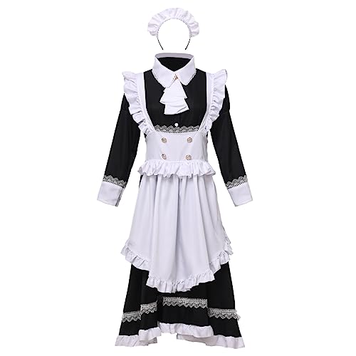 BPURB Viktorianisches Edwardian Schwarzes Dienstmädchen Cosplay Kostüm Kleid für Damen Mittelalter Maid Schürze Outfit Halloween Party (3XL, Schwarz) von BPURB