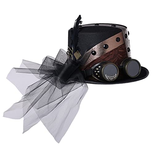 Damen Filz Steampunk Gotisch Spitze Zylinder Hut mit Brille Vintage Halloween Karneval Kostüm Hut Steampunk Zubehör (Schwarz, 58cm/22.83 inches) von BPURB