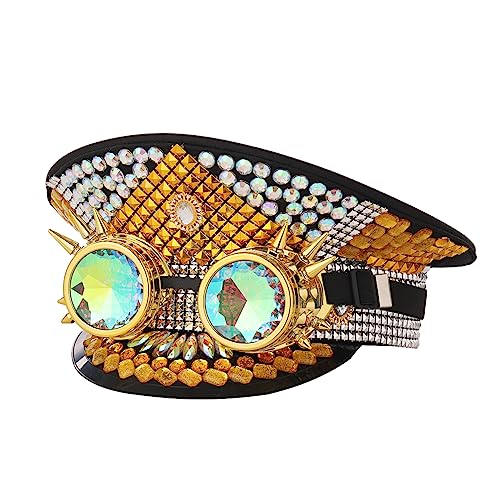 BPURB Steampunk Stil Damen Strass Zylinder mit Brille Festival Karneval Militär Kapitän Hut Cosplay Party Halloween Kostüm (Style-I) von BPURB