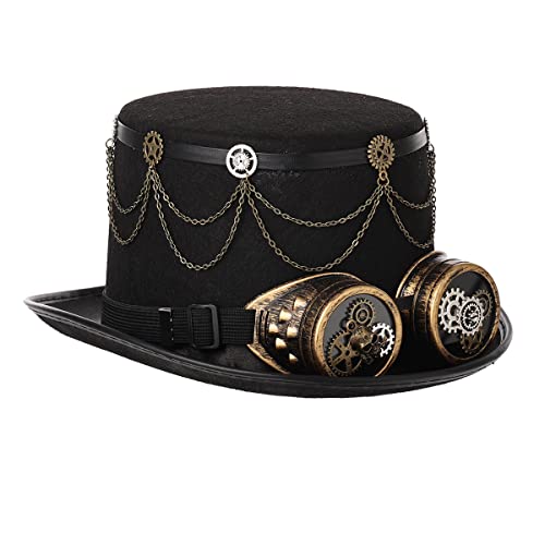 Unisex Erwachsene Steampunk Zylinder Hut mit Brille Damen Herren Punk Halloween Cosplay Karneval Kostüm Zubehör (Schwarz, 58cm/22.83 inches) von BPURB