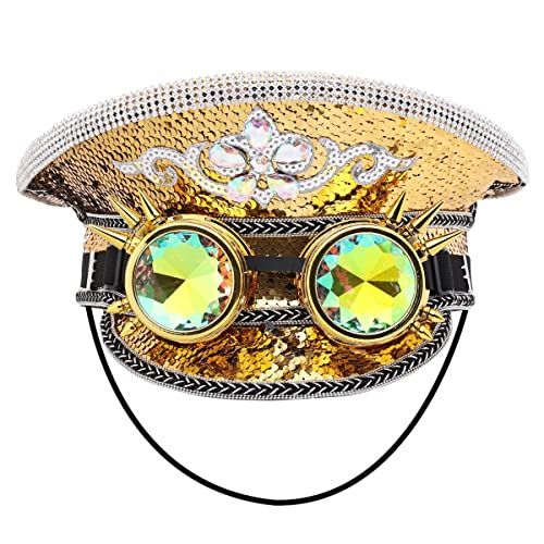 Unisex Pailletten Militär Kapitän Hüte mit Brille Steampunk Zylinder Hut Festival Halloween Cosplay Kostüm Caps (Gold-2) von BPURB