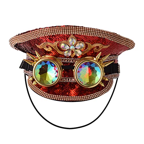 Unisex Pailletten Militär Kapitän Hüte mit Brille Steampunk Zylinder Hut Festival Halloween Cosplay Kostüm Caps (Rot) von BPURB