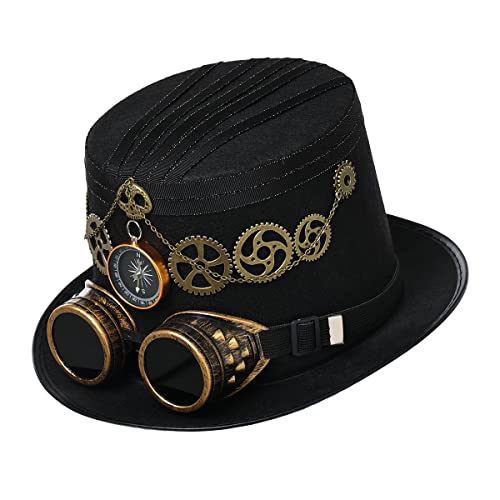 Unisex Piraten-Stil Steampunk Zylinder Hut mit Brille Steampunk Cosplay Karneval Halloween Kostüm Zubehör für Damen Herren (Schwarz, 58cm/22.83 inches) von BPURB