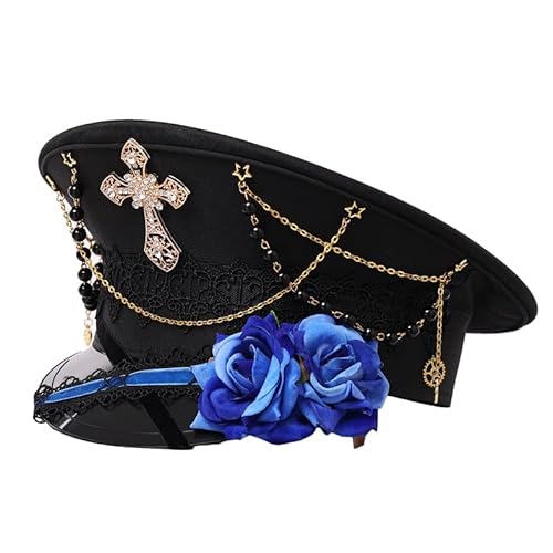 Unisex Steampunk Militär Kapitän Zylinder Hut Festival Rave Halloween Karneval Kostüm Hut Lolita Rose Kreuz Kappen(blau) von BPURB