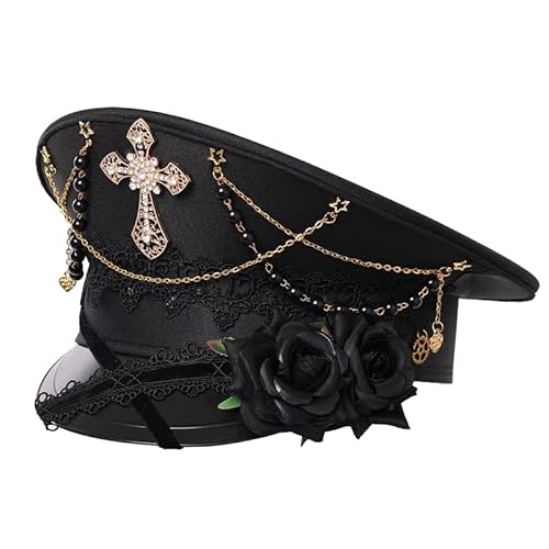 Unisex Steampunk Militär Kapitän Zylinder Hut Festival Rave Halloween Karneval Kostüm Hut Lolita Rose Kreuz Kappen(Schwarz) von BPURB