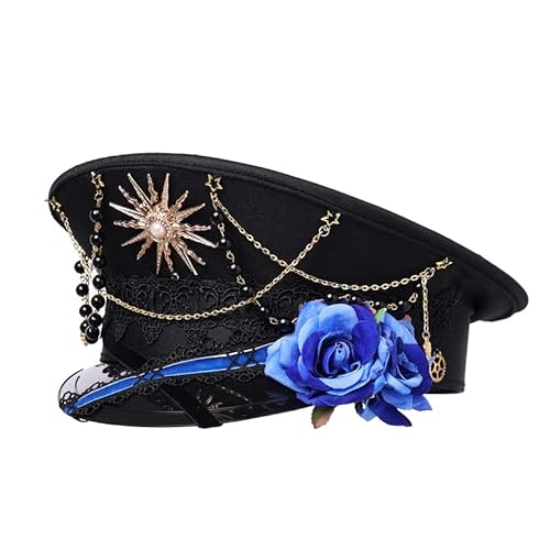 Unisex Steampunk Military Captain Festival Rave Hut Damen Lolita Rose Sunburst Halloween Kostüm Hüte für Karneval Party Cosplay,Blau von BPURB