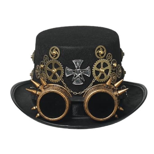 Unisex viktorianischer Steampunk Zylinder mit Brille und Ausrüstung für Damen Herren Karneval Halloween Cosplay Kopfbedeckung Zubehör (Schwarz, 58cm/22.83 Inches) von BPURB