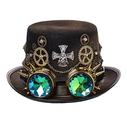 Unisex viktorianischer Steampunk Zylinder mit Brille und Ausrüstung für Damen Herren Karneval Halloween Cosplay Kopfbedeckung Zubehör (61cm/24.02 Inches, Schwarz) von BPURB