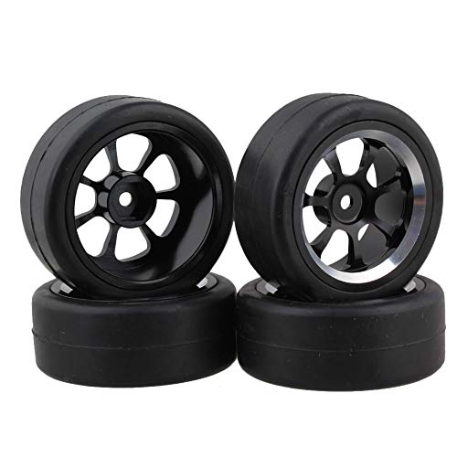 BQLZR RC 1:10 On-Road Racing Car Black Smooth Rubber Tires and Aluminum Alloy 7-Speichen Wheel Rims Pack of 4 von BQLZR