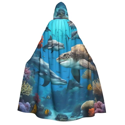 BREAUX Delfine Sea Turtle Shark Octopus Coral Reef Print Adult Hooded Cloak, Hooded Cloak, Unisex Cloak, Halloween Cloak, Cosplay Costume von BREAUX