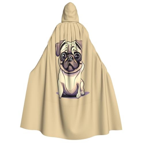 BREAUX Lustiger Cartoon-Mops-Welpen-Aufdruck, Erwachsenen-Umhang, Kapuzenumhang, Unisex-Umhang, Halloween-Umhang, Cosplay-Kostüm von BREAUX